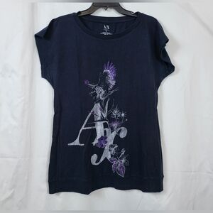 Armani Exchange Womens Navy Purple Sequin Scoop Neck Dolman‎ Short Sleeve Top XL